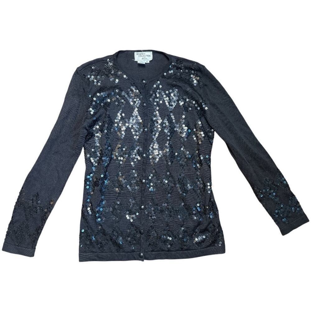 Regency Collection Joyce Black Sequins Diamond Button Knit Cardigan Sweater M